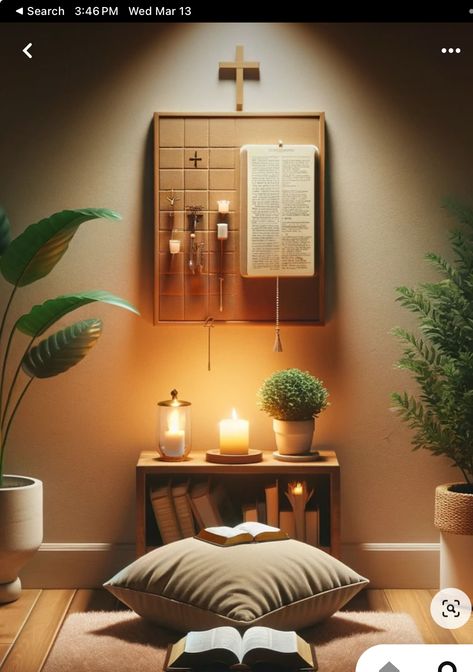 Christian Home Interior Design, Praying Altar Design, Christian Meditation Space, Pray Room Ideas Christian, Pray Corner Ideas Christian, Altar Inspiration Spiritual, Bedroom Prayer Corner, Bible Room Ideas, Prayer Room Decoration Ideas