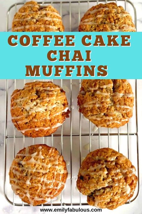 Coffee Cake Chai Muffins | Streusel | EmilyFabulous Chai Coffee Cake Muffins, Apple Chai Latte, Jumbo Muffin Recipes, Coffee Break Snacks, Chai Muffins, Coffee Cake Muffin Recipes, Coffee Muffins, Vanilla Chai Tea, Chai Coffee