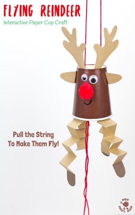 This Flying Paper Cup Reindeer Craft is so easy to make and lots of fun to play with. Pull the string to make Rudolf fly up and down! Reindeer crafts have never been such fun! An interactive Christmas craft for kids not to be missed! #rudolf #reindeer #reindeercrafts #reindeercraftsforkids #reindeercraftsforpreschoolers #reindeercraftsfortoddlers #christmas #christmascrafts #kidscrafts #kidscraftroom Reindeer Crafts, Flying Paper, Paper Cup Crafts, Christmas Handprint Crafts, Holiday Crafts Gifts, Fun Winter Crafts, Flying Reindeer, Handprint Christmas, Kids Craft Room