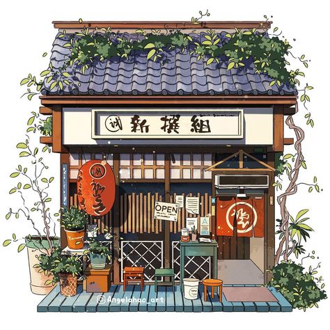 Angela Hao, Stylized Environment, Japanese Shop, Watercolor Architecture, Building Illustration, Shop Illustration, Architecture Drawing Art, Japon Illustration, House Illustration