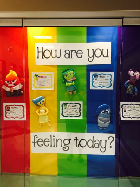 Inside Out bulletin board using plush figures purchased at Walmart! Inside Out Bulletin Board, Counseling Bulletin Boards, Disney Themed Classroom, Fall November, Zones Of Regulation, Disney Classroom, Elementary Counseling, Counseling Office, Elementary School Counseling