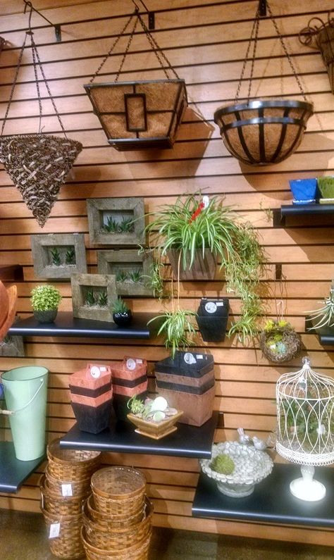 Slat Wall Storage, Retail Wall Displays, Gift Shop Interiors, Painted Wood Texture, Gift Shop Displays, Garden Center Displays, Slat Wall Display, Wood Slat Wall, Store Layout