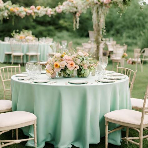 Whimsical Garden Table Linens: Refreshing and Crisp Mint Green Round Table Cloth Wedding Table Cloth Ideas Color Schemes, Sage Round Table Setting Wedding, Pastel Round Table Decor, Green Wedding Tablecloth, Mint Green Table Setting, Mint Wedding Table Decor, Pastel Wedding Round Table, Green Round Table, Green Wedding Sign