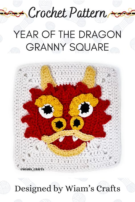 Year Of The Dragon Granny Square ~ Wiam's Crafts Crochet Fairy Granny Square, Animal Crochet Squares, Dragon Granny Square, Granny Square Letters, Clown Granny Square, Spongebob Granny Square, Minecraft Granny Square, Tree Granny Square, Studio Ghibli Granny Square