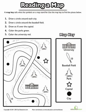 Since 1st grade is in the beginning of school, it is important to make sure the students know the basics. Of course  being able to read the map will be a prerequisite for answering questions about geography based on a map. -MDB Social Studies Maps, Map Skills Worksheets, Map Key, Classroom Map, Geography Worksheets, Kindergarten Social Studies, Map Worksheets, Homeschool Geography, Homeschool Social Studies