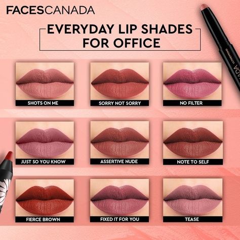 Faces Canada on Instagram: "Lip shades that are subtle yet pretty glam! Which one is your favourite? Comment below and save the post for later! ☺️ - Comfy Matte Crayon: Shots On Me, Sorry Not Sorry, No Filter, - Comfy Matte Liquid Lipstick: Just So You Know, Fixed It For You, Note To Self - Matte Addiction Lipstick: Assertive Nude, Fierce Brown - Ultime Pro HD Intense Matte Lips + Primer: Tease Shop Now: Link in bio! #FacesCanada #MakeupTutorial #Makeup #MakeupHacks #MakeupAddict #MakeupLo Pink Brown Lipstick Shades, Faces Canada Lipstick Shades, Lipshades For Dusky Skin, Light Lipstick Shades, Nude Brown Lipstick Shades, Matte Nude Lipstick Shades, Lipstick Shade For Dusky Skin, Nude Lipstick Shades For Brown Skin, Pinky Brown Lipstick