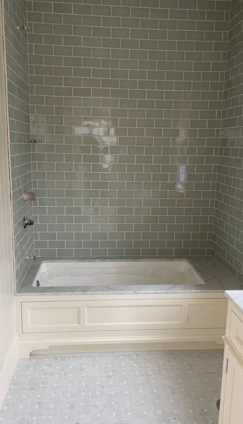 Tiled Jacuzzi Tub Surround, Gil Schafer Bathroom, Window In Bathtub, Bathtub Only Bathroom, Bathtub Alcove Ideas, Built In Tub Ideas, Step Down Tub, Built In Tub Shower Combo, Bathroom With Painted Ceiling