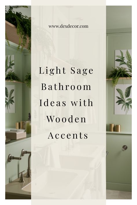 Light sage bathroom with wooden accents, showcasing plants and artwork. Wildflower Bathroom Ideas, Light Sage Bathroom Walls, Sage Green Guest Bathroom, Green And Natural Wood Bathroom, Sage Green Small Bathroom, Sage And Gold Bathroom, Light Sage Bathroom, Calm Bathroom Ideas, Sage Green Bathroom Ideas Decor