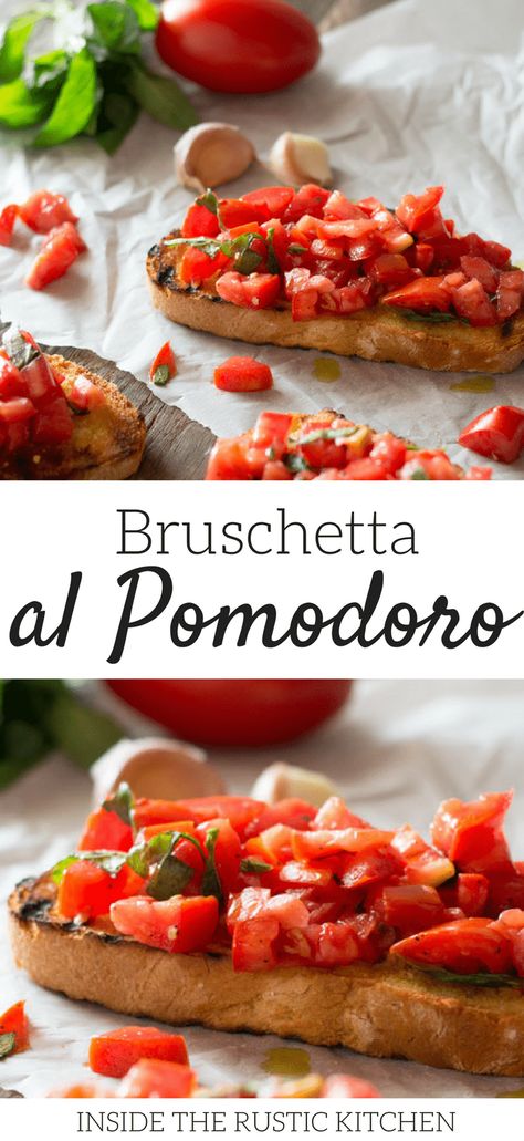 Bruschetta al pomodoro - classic Italian tomato bruschetta recipe made with ripe, juicy tomatoes, fresh basil and extra virgin olive oil. Served on char grilled, garlic toasts, this one is always a winner! Authentic Italian recipes at Inside the rustic kitchen via @InsideTRK Bruchetta Appetizers, Tomato Bruschetta Recipe, Authentic Italian Recipes, Grilled Garlic, Tomato Bruschetta, Bruschetta Recipe, Italian Recipes Authentic, Juicy Tomatoes, Tomato Recipes