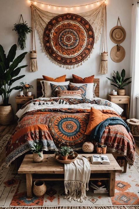 Boho Farmhouse Home Decor, Bedroom For Teenage Girl, Colorful Bohemian Bedroom Decor, Colorful Bohemian Bedroom, Bedroom Inspirations Aesthetic, Boho Style Bedroom Decor, Boho Bedroom Green, Modern Bohemian Bedroom Decor, Modern Bohemian Bedroom