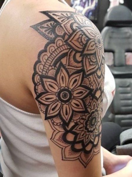 100 Best Mandala Tattoo Design Ideas (2021) - The Trend Spotter Lace Flower Tattoos, Maori Tattoo Frau, Mandala Arm Tattoo, Mandala Tattoos For Women, Mandala Sleeve, Sunflower Tattoo Shoulder, Mandala Tattoo Sleeve, Cool Half Sleeve Tattoos, Mandala Tattoos