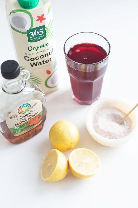 NATURAL ELECTROLYTE DRINK | An easy, natural electrolyte drink! Designed to replenish your body with essential minerals and hydration after hot days or long workouts. Made with simple ingredients like coconut water, lemon juice, cranberry juice, mineral salt, and a touch of pure maple syrup. | LOVELEAF CO. Natural Electrolyte Drink, Electrolyte Drink Recipe, Homemade Gatorade, Homemade Electrolyte Drink, Unsweetened Cranberry Juice, Natural Electrolytes, Healthy Nutrition Plan, Water Lemon, Essential Minerals