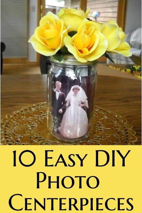 Easy Table Centerpieces, Picture Centerpieces, 60th Wedding Anniversary Party, Photo Centerpieces, Anniversary Centerpieces, 80th Birthday Party Decorations, 60th Anniversary Parties, 50th Year Wedding Anniversary, 50th Wedding Anniversary Decorations