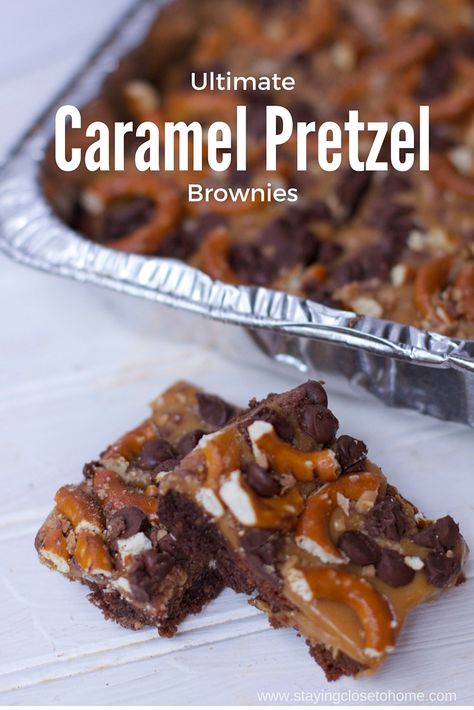 the ultimate brownie recipe check out these Caramel Pretzel Brownies Brownies With Pretzels And Caramel, Brownie Toppings Ideas, Brownie Mix Desserts, Caramel Pretzel Brownies, Ultimate Brownie Recipe, Pretzel Caramel, Boxed Brownie Recipes, Pretzel Brownies, Brownies Caramel