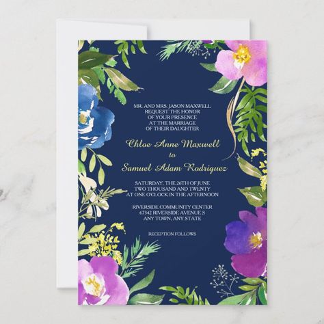 Pink Blue Purple Flowers, Purple Flowers Wedding, Modern Floral Wedding Invitations, Wedding Text, Modern Floral Wedding, Blue And Purple Flowers, Purple Wedding Flowers, Flower Wedding Invitation, Floral Wedding Invitation