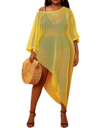 GELAiZi Yellow Plus Size Mesh Swimsuit Cover Up Dress for Women Asymmetric Crochet Swimwear Coverups with Sleeves Mesh Swimsuit, Swimsuit Cover Up Dress, Crochet Swimwear, Swimsuit Cover Ups, Luxury Store, Swimsuit Cover, Cover Up Dress, Dress For Women, Cover Up