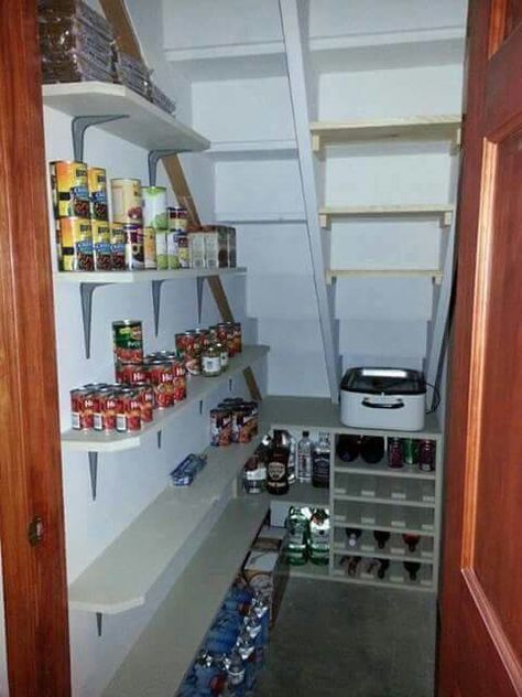 Pantry under stairs                                                                                                                                                                                 More Basement Pantry, Under Stairs Pantry, Understair Storage, Closet Under Stairs, Space Under Stairs, Basement Stairs Ideas, تحت الدرج, درج الس�لم, Staircase Storage