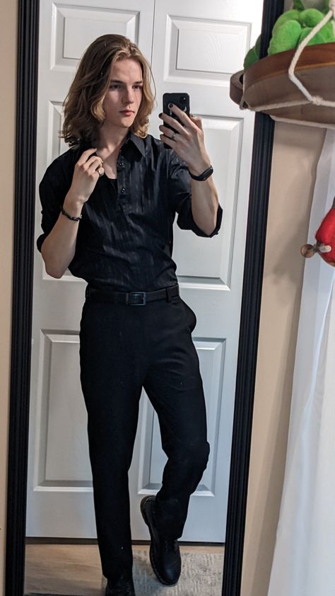 Mens Outfits Long Hair, Dark Semi Formal Outfit Men, Guy In Feminine Clothes, Professional Goth Work Outfits Men, Masc Lesbian Outfits Black Tie, Mens All Black Formal Outfit, Masculine Outfits Formal, Edgy Formal Outfits Men, Masculine Semi Formal Outfits