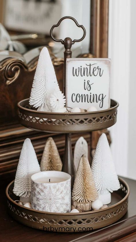 Styling Tiered Trays, Winter Tiered Tray Decor Ideas, Decorating Tiered Trays For Christmas, Winter Tray Decor Ideas, Christmas Tiered Tray Ideas, 2 Tier Tray Decor, How To Decorate After Christmas, Galvanized Tiered Tray, Winter Front Porch Decor