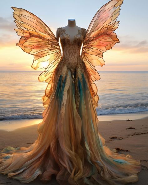 Ocean Fairy, Gown Dress Design, Fairy Gown, Glass Wings, Fire Fairy, Beautiful Wings, Water Fairy, Fairy Outfit, Prom Dresses Long Pink