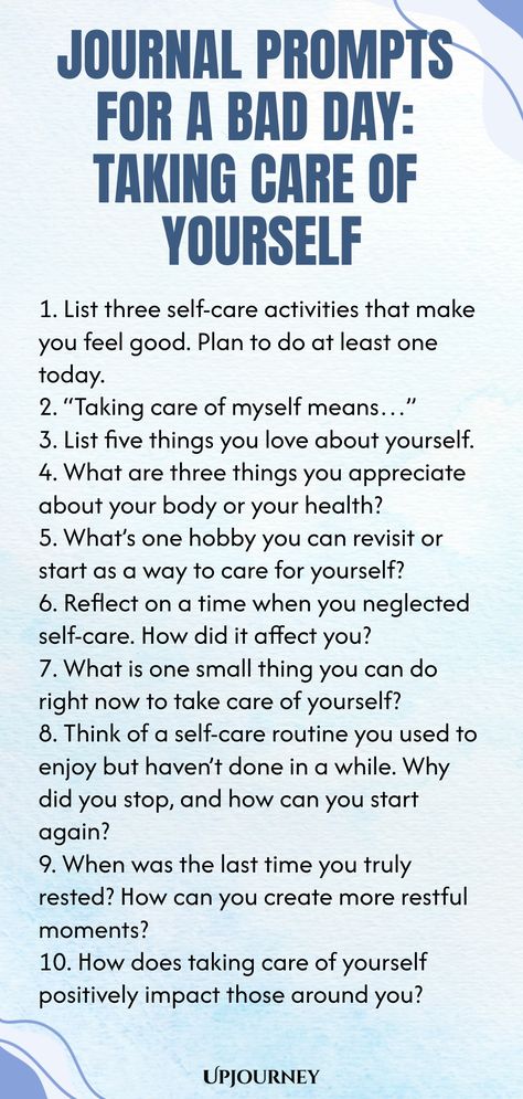 Discover a collection of thoughtful journal prompts to guide you on taking care of yourself during a bad day. Use these prompts to reflect, find peace, and practice self-care whenever you need it most. Embrace the power of journaling as a tool for self-discovery and emotional well-being. Remember, it's okay not to be okay sometimes - prioritize your mental health by giving yourself the kindness and compassion you deserve. Nurture your mind and soul with these empowering prompts! Artifical Intelligent, Psychology Terms, Mindfulness Journal Prompts, Relationship Quizzes, Mom Journal, Journaling Tips, Kindness And Compassion, Mental Health Activities, Journal Questions