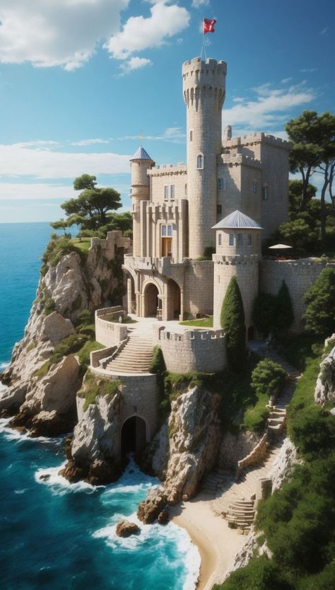 Castle Overlooking Ocean, Castle Near Ocean, Fantasy Island Castle, Mermaid House Exterior, Ocean Castle Aesthetic, Fantasy Castle Exterior, Minecraft Cliffside Castle, Cliff Side Castle, Castle By The Ocean