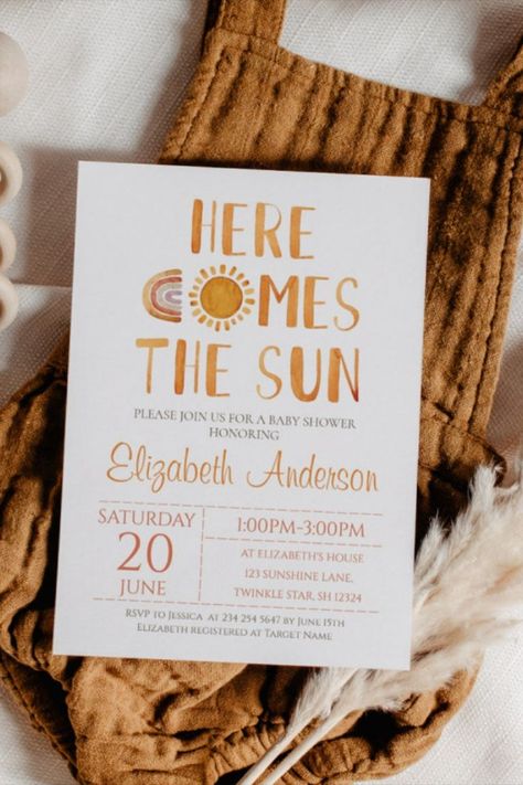 card size 5" x 7", rainbow, sun, boho, watercolor style, orange color themed Sunshine Illustration, Babby Shower, Rainbow Baby Shower Invitations, Sunshine Baby Showers, Baby Shower Theme Decorations, Rainbow Watercolor, Sprinkle Baby Shower, Diy Baby Clothes, Summer Baby Shower