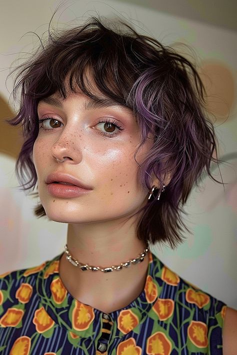 A pixie cut with deep violet color and shaggy bangs. Shaggy Short Haircuts With Bangs, Short Layered Textured Hair, Short Layered Colored Hair, Shaggy Curtain Bangs Short Hair, Wavy Short Hairstyles With Bangs, Pixie Hair Styling Ideas, Shaggy Micro Bob, Feminine Mullet Shag Short, Mini Bangs Mullet