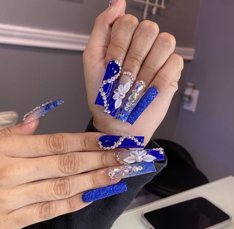 Royal Blue Long Nails, Blue Prom Nails, Blue And Silver Nails, Quinceanera Nails, Royal Blue Nails, Aqua Nails, Sugar Nails, Fake Nails Designs, Graduation Nails