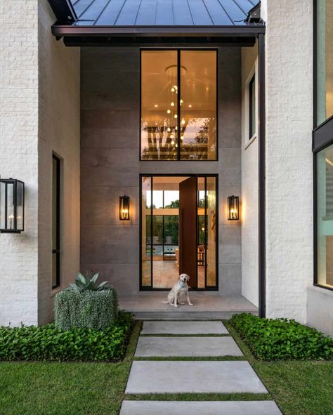 Step inside this absolutely beautiful home with major curb appeal in Texas Modern Glass Front Door Entrance, Modern White Home Exterior, Modern Home Landscape Design, Modern Front Entrance, Modern Doors, Exterior Inspiration, House Redesign, House Facade, Suburban House