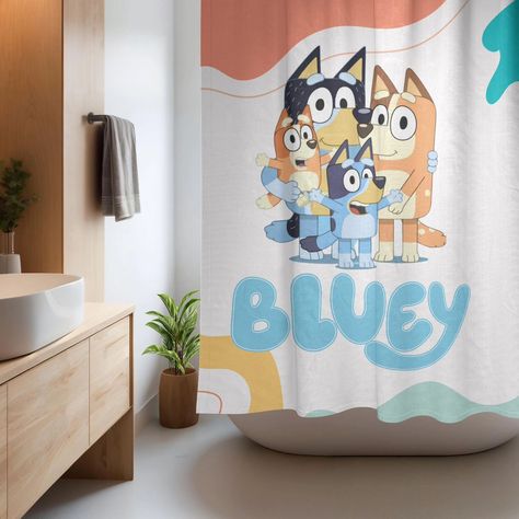 Just in, Bluey Shower curtain! https://tsofthetrade.etsy.com/listing/1781842156 Bluey Themed Bathroom, Bluey Bathroom Ideas, Themed Bathroom, Bathroom Ideas, Bingo, Shower Curtain, Curtains, Shower, Bedroom