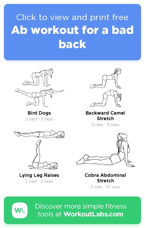 Ab workout for a bad back – click to view and print this illustrated exercise plan created with #WorkoutLabsFit Back And Ab Workout, Ab Workout For Bad Back, Ab Exercises For Bad Back, Ab Workout For Bad Lower Back, Workout For Bad Back, Back Friendly Ab Exercises, Ab Exercises For Women With Bad Back, Core Workout At Home For Bad Back, Core Workout For Bad Back