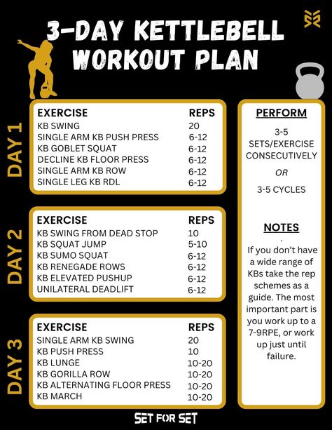 3-Day Kettlebell Workout Plan Kettlebell Workout Plan, Kettlebell Circuit Workout, Total Body Workout Plan, Kettlebell Workout Routines, Kettlebell Clean, Kettlebell Benefits, Kettlebell Challenge, Cardiovascular Fitness, Workout Program Gym