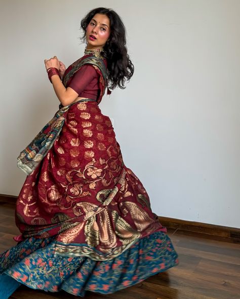 Janmashtami Special | Saree pose ideas for Janmashtami 🪈🦚🦢 ✨ How to pose in a saree ✨ Pure silk saree of the day- is a khaddi Georgette banarasi in maroon base, layered with intricate hand kadhua weaving throughout the body. Paired the saree with cancan and ghagra/long skirt in contrasting shades. #fyp #explore #iwearhandloom #handloomlove #puresilksaree #sareeindia #sareeinfluencer #janmashtamispecial #krishnajanmashtami #gopidress #howtopose #sareeposes #archeedrapes Saree Pose Ideas, Saree Pose, Janmashtami Special, Saree Poses, Krishna Janmashtami, Pure Silk Saree, Indian Makeup, Indian Outfit, How To Pose