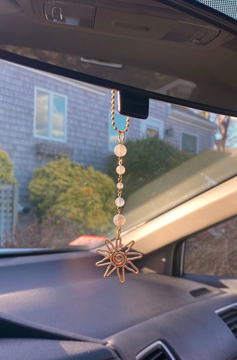 Sun Handmade Car Charm- White and Gold - rearview mirror decor -cute boho indie nature - stone crystal pearl -gifts for teens- gifts for her Crystal Car Charms, Rearview Mirror Decoration, Girly Car Accessories, Gold Car, Car Deco, Cool Car Accessories, Rear View Mirror Decor, Girly Car, Pearl Gifts