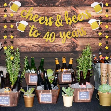 New Years 40th Birthday Party, Decoration For 40th Birthday For Men, Beer And Cheers Decorations, 40th Birthday Garden Party Ideas For Men, Decorations For Mens Birthday Party, Party Decor Men Birthday, 40th Party Decorations Men, 40tb Birthday Party Ideas For Men, Craft Beer Birthday Party