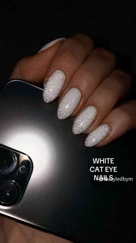 White Glitter Manicure, White Silver Sparkle Nails, White Reflective Nails, New Years Nails White And Glitter, New Years Nails Solid Color, Happy New Years Nails, White Nails With Glitter Tips, Nails White With Glitter, White Gel Nails With Glitter