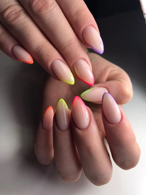 Top 19 Multicolor Nail Ideas for Summer 2024: Neon, Pastel, and Bold Designs Neon French Nail Designs, Ljetni Nokti 2024, Summer 2024 Nails Design, Neon Nail Designs 2024, Happy Nails Designs, Nail Summer 2024 Trends, Dark Color Combos, Multicolor Nails Summer, Summer Nails Inspo 2024