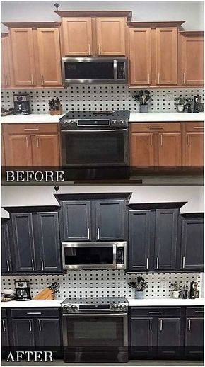 Charcoal Cabinets Kitchen, Charcoal Kitchen Cabinets, Kitchen Upcycle, Flip Kitchen, Farm Kitchens, Primitive Kitchen Cabinets, Ikea Black, Redo Kitchen Cabinets, Diy Kitchen Cabinets Painting