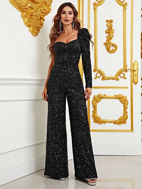 Sequin Jumpsuit Long Sleeve, Sweetheart Neckline Long Sleeve, Gigot Sleeve, Sequins Fabric, Sequin Jumpsuit, Long Sleeve Sequin, Plain Shirts, Hoco Dresses, Sequin Fabric