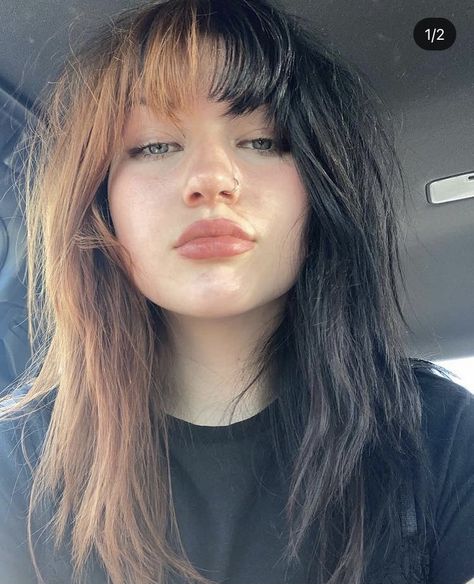 Brown Hair With Pop Of Color, Brown And Black Split Dye, Half Black Half Brown Hair, Half Brown Half Black Hair, Split Dyed Hair With Bangs, Peekaboo Hair Colors, Half And Half Hair, Split Dye, Split Dyed Hair