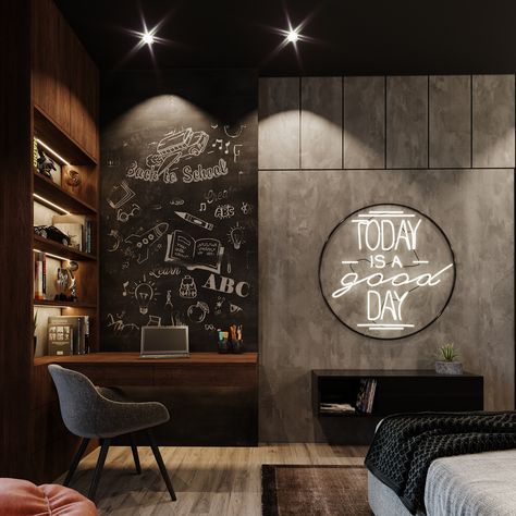 Industrial Kids Room, Teen Boy Black Bedroom, Industrial Teen Boy Bedroom, Industrial Kids Bedroom, Boys Black Bedroom, Black Teen Bedroom, Young Boy Bedroom Design, Teen Bedroom Designs Boy, Young Boy Bedroom Ideas