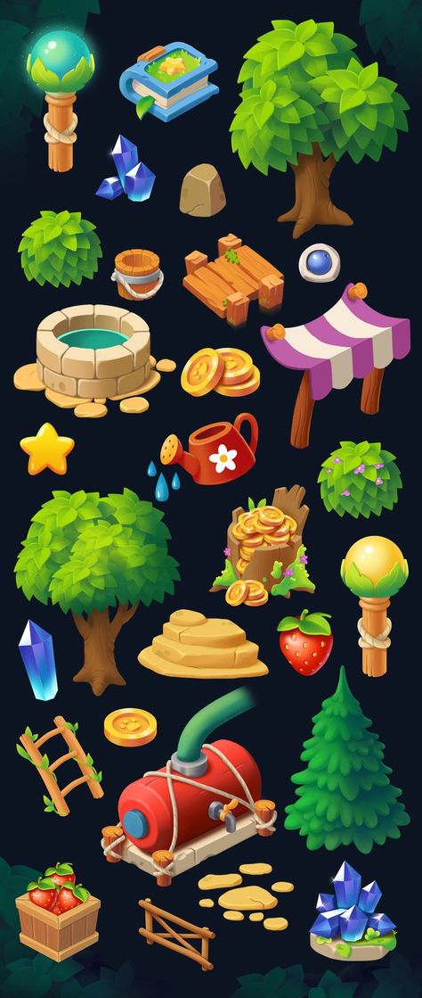 Props for casual mobile game project. There are coins, trees, crystals, fruits and other. I use bright colours. 2d Game Background, Game Background Art, Game 2d, Props Concept, Ui Game, Hand Painted Textures, Casual Art, 2d Game Art, Props Art