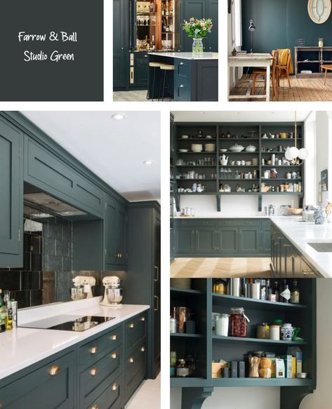 Farrow & Ball Studio Green - Interiors By Color Farrow Ball Studio Green, Mint Living Rooms, Green Kitchen Paint, Green Paint Colors Bedroom, Green Bedroom Paint, Light Green Bedrooms, Farrow And Ball Kitchen, Farrow Bal, 2022 Kitchen