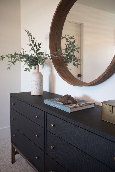 Woven black raffia offers a texture-driven take on bedroom storage. Antique brass-finished iron hardware adorns six spacious drawers, all supported by a solid mahogany base. Dimensions: 62.00"w x 17.00"d x 34.00"h Shipping is available for this item.Have questions? Visit our FAQ page. Black Dresser Decor Ideas, Dark Dresser Decor Bedroom, Wood And Black Bedroom Furniture, Makeover Bedroom Furniture, Black Wooden Furniture Bedroom, Decor On Bedroom Dresser, Bedroom Dresser Black, Black Dresser Bedroom Decor, Dresser Decor Minimalist