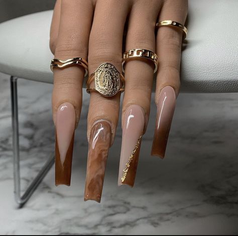 Brown Nails Square Long, Brown Nails Trendy, Brown Xl Nails, Long Acrylic Nails Designs Ideas Fall, Cute Brown Nails Acrylic, Brown Long Nails Design, Tapered Square Nails Brown, Brown Acrylic Nails With Rhinestones, Ombré Brown Nails