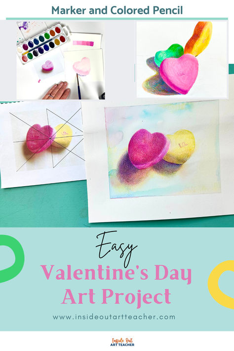 Crafted with middle and high school students in mind, this Valentine's Day art project tutorial seamlessly blends the dynamic charm of watercolor with the precision of colored pencils, allowing you to create visually stunning candy heart compositions. As an art teacher, I’ve witnessed the excitement this art project idea brings to my students, making it an ideal choice for a Valentine’s-themed artistic adventure. Valentines Art For Middle School, Heart Art Lessons For Elementary, Valentines Day Art Projects For Middle School, Valentines Day Art Lessons Elementary, Valentine’s Day Art Middle School, Valentine Painting Ideas For Kids, Kindergarten Heart Art Projects, Valentine’s Day Art Lesson, Valentine Art Projects Middle School