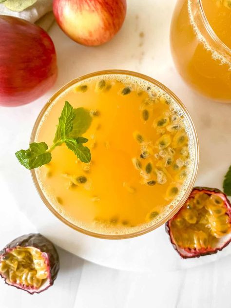 Passion Fruit Mocktail - Through The Fibro Fog Passion Fruit Drink Recipes, Passion Fruit Agua Fresca, Passion Fruit Mocktails Non Alcoholic, Cocktails With Passion Fruit Juice, Pregnant Mocktails Non Alcoholic, Fibro Fog, Fruit Seeds, Vegetarian Paleo, Passion Fruit