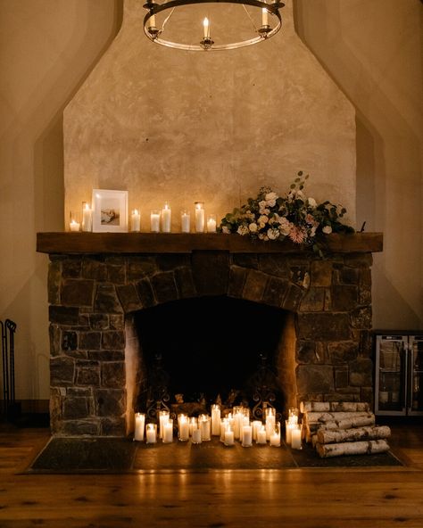 Pridmore Floral Design | Bucks County Wedding Florist Candles Fireplace Wedding, Candelabra Fireplace, Fireplace Cabinets On Each Side, Pillar Candles Fireplace, Wedding Fireplace Decorations, Fireplace With Candles, Aesthetic Fireplace, Floral Fireplace, Candles Fireplace