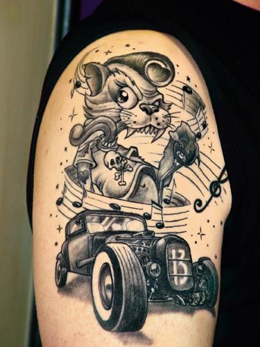 Rockabilly tattoo, Car Music notes, Cool Cat Rockabilly Tattoo Sleeve, Rockabilly Tattoo Designs, Rockabilly Tattoos, Hot Rod Tattoo, Rockabilly Tattoo, Retro Tattoos, Mens Shoulder Tattoo, Sweet Tattoos, Pin Up Tattoos